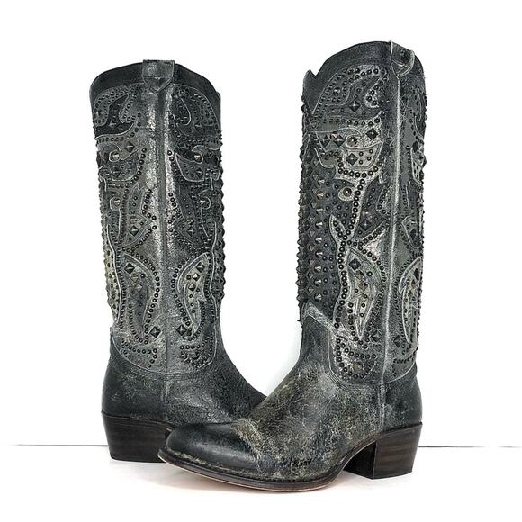 Frye Deborah Deco Tall Studded Distressed Leather Western Boots Women’s 6 Shoes - Picture 1 of 11